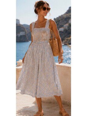 Sancia Setrella Linen Midi Dress Freja Tile Blue Cream Small New With Tags